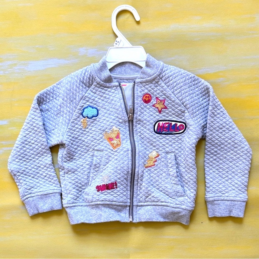 Gymboree Girl Gray Quilted Jacket with Fun Patches Size XS (4-6) Like New
